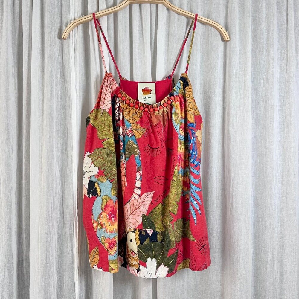 Farm Rio Spaghetti Strap Red Floral Print Beaded Neckline Top